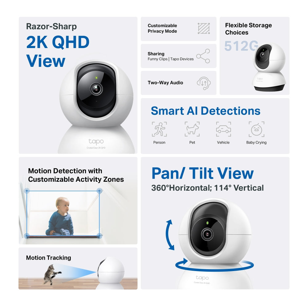 Indoor Pan Tilt Wi-Fi Camera, 2K QHD, Enhance Night Vision, Tapo C220